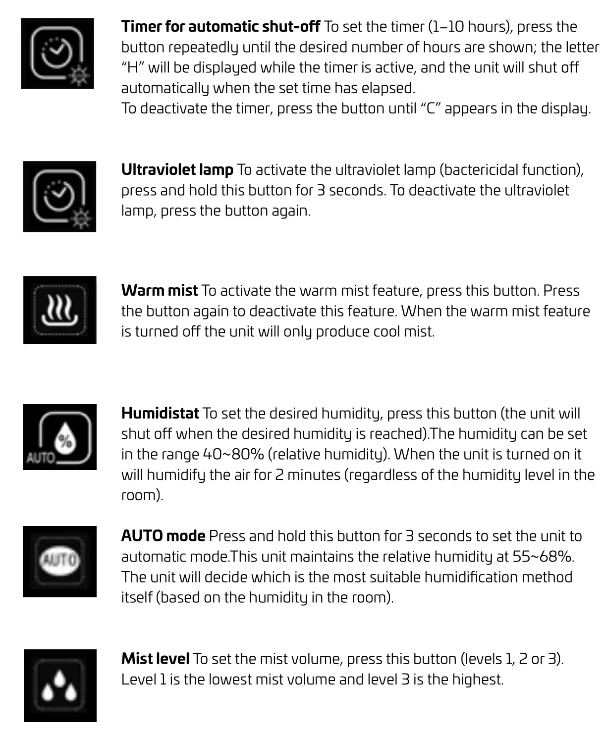 CANVAC CLF3301X Portable Ultrasonic humidifier - CONTROL PANEL 2