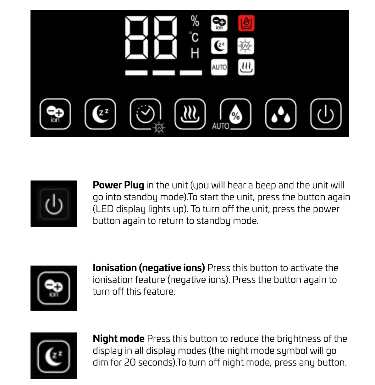 CANVAC CLF3301X Portable Ultrasonic humidifier - CONTROL PANEL