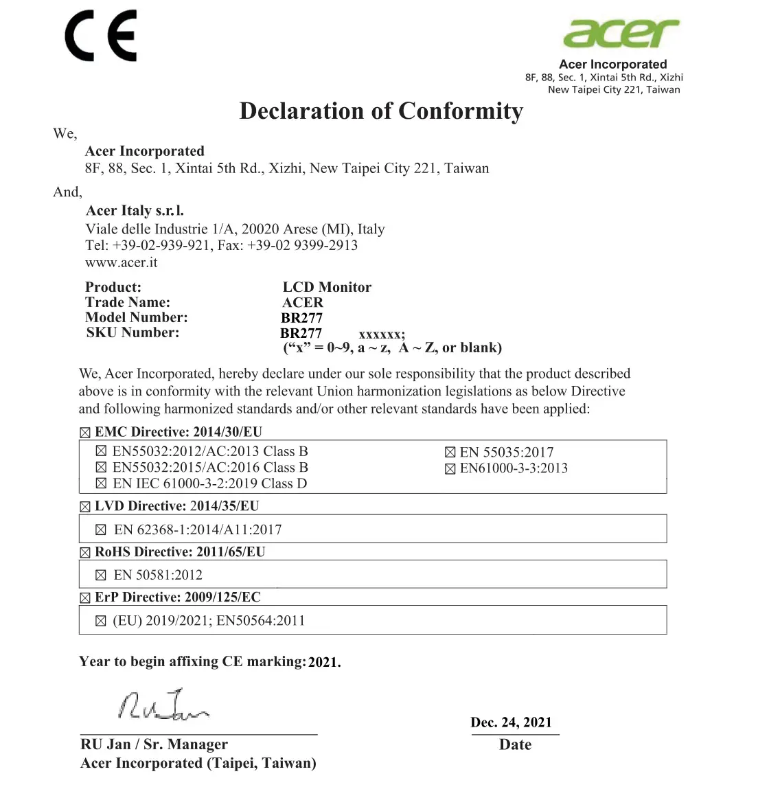 acer BR277 LCD Monitor - Declaration of conformity