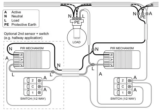 CLIPSAL Iconic Series PIR Motion Sensor Mechanism - Cabling and connections for option 1