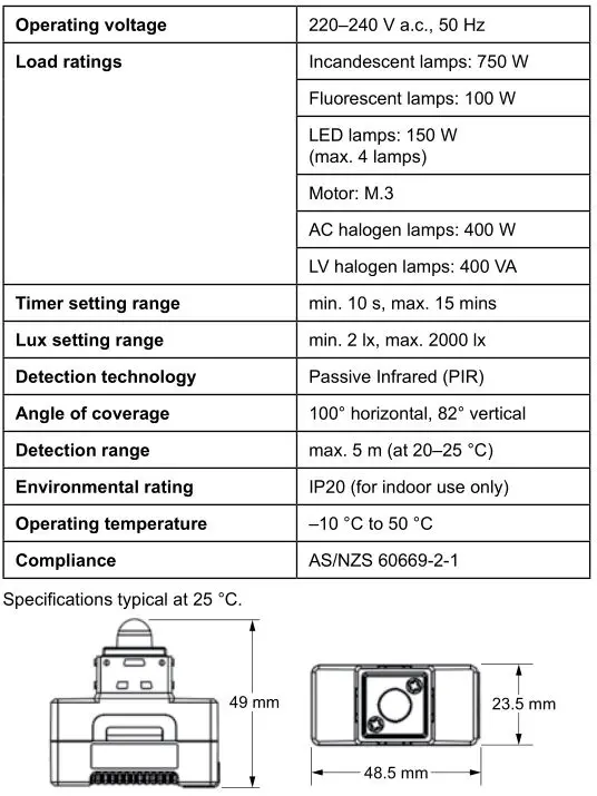CLIPSAL Iconic Series PIR Motion Sensor Mechanism - Technical specifications