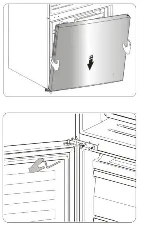 Hisense Bottom Mount Fridge Instruction Manual - Stand the refrigerator upright and carefully slot the lower door onto the lower hinge pin and hold in position
