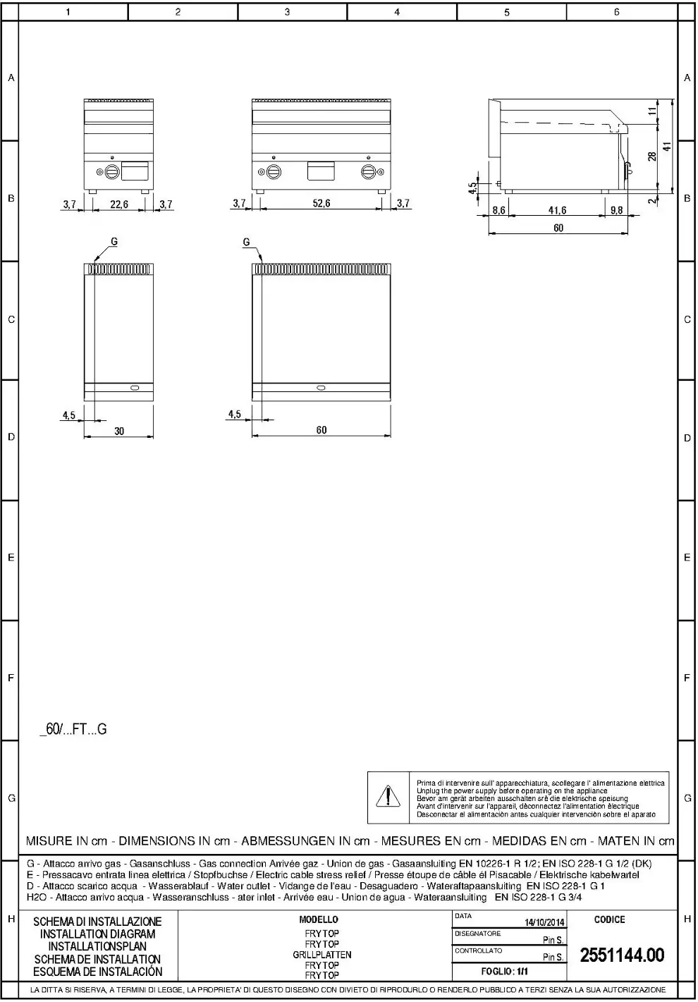 Cooking Range Line FRY TOP Installation Diagram