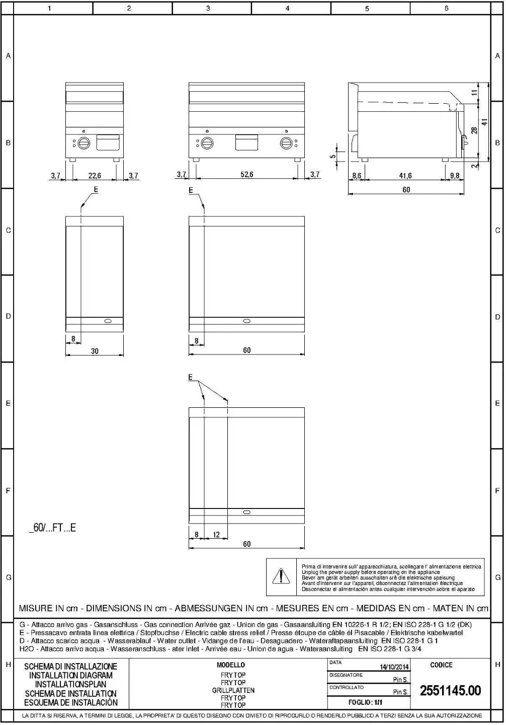 Cooking Range Line FRY TOP Installation Diagram