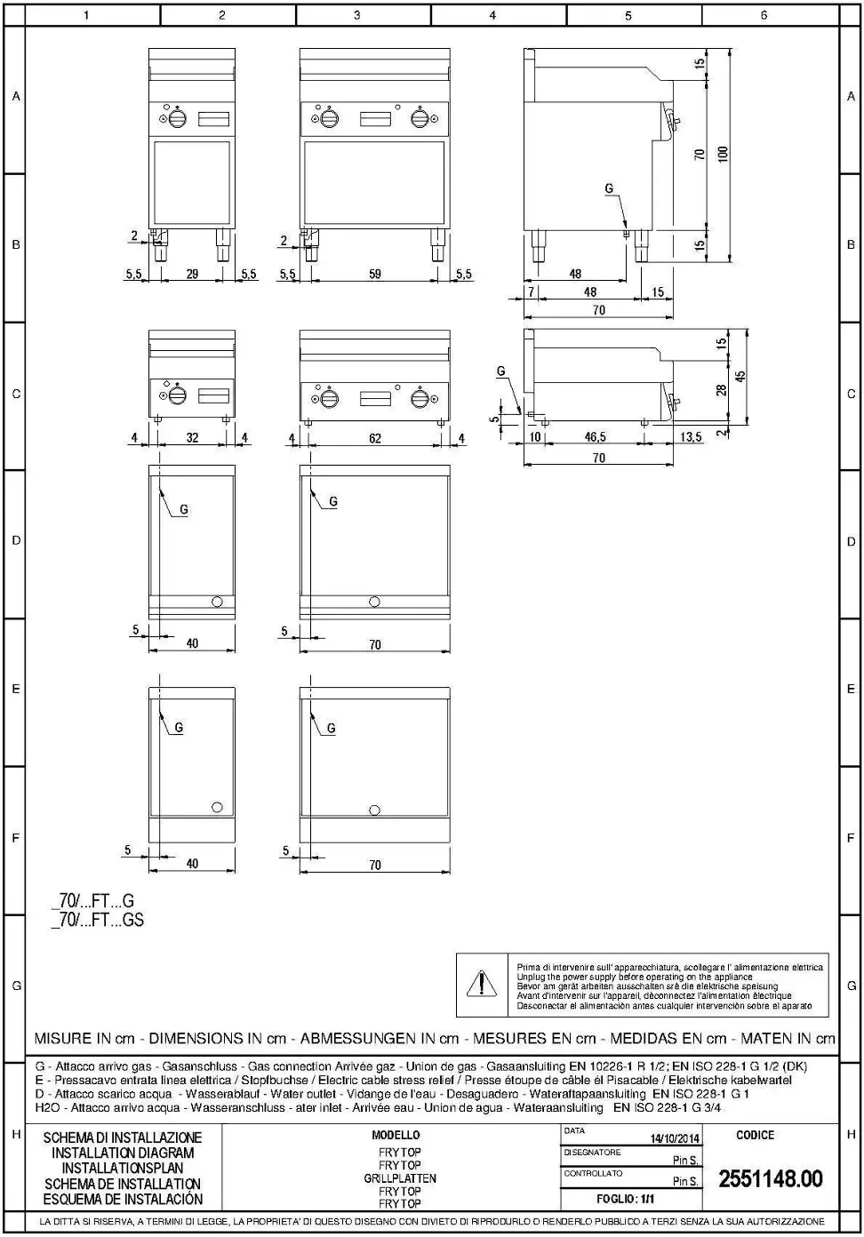 Cooking Range Line FRY TOP Installation Diagram