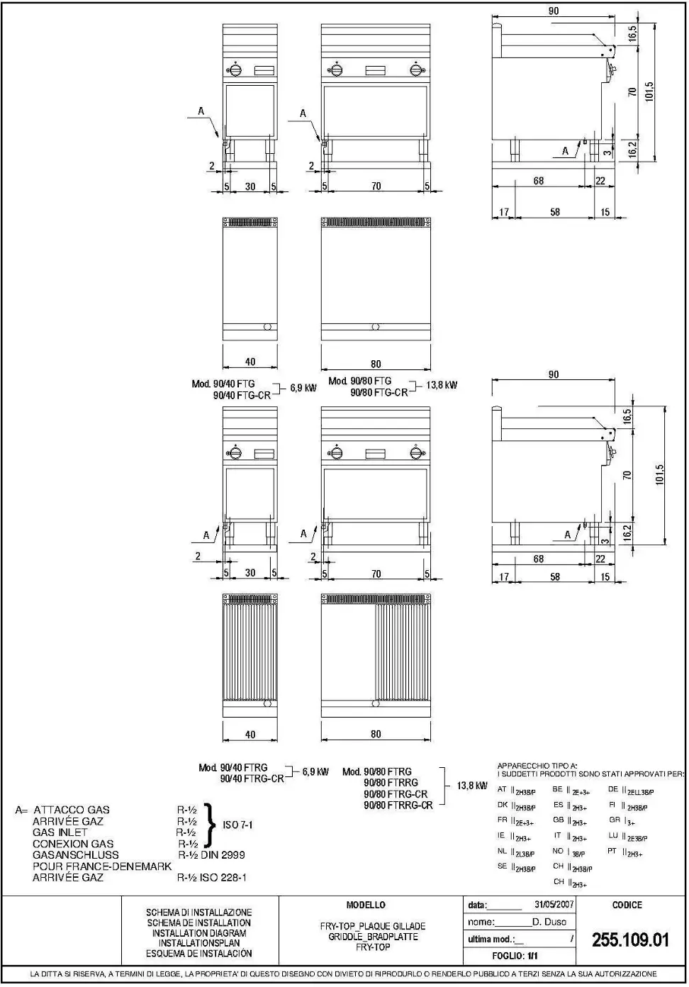 Cooking Range Line FRY TOP Installation Diagram