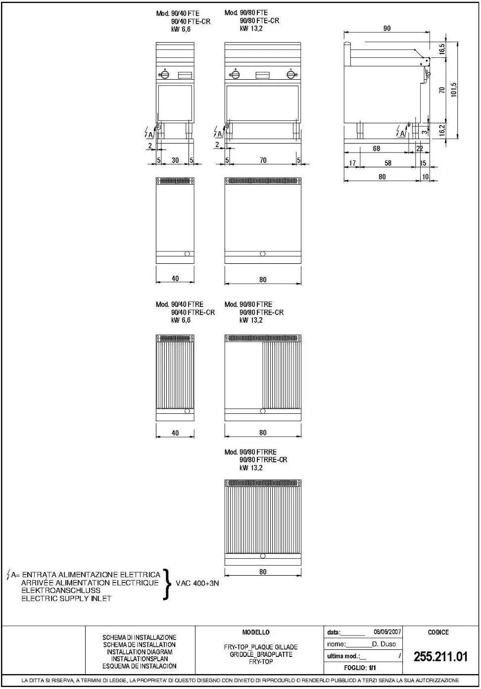 Cooking Range Line FRY TOP Installation Diagram