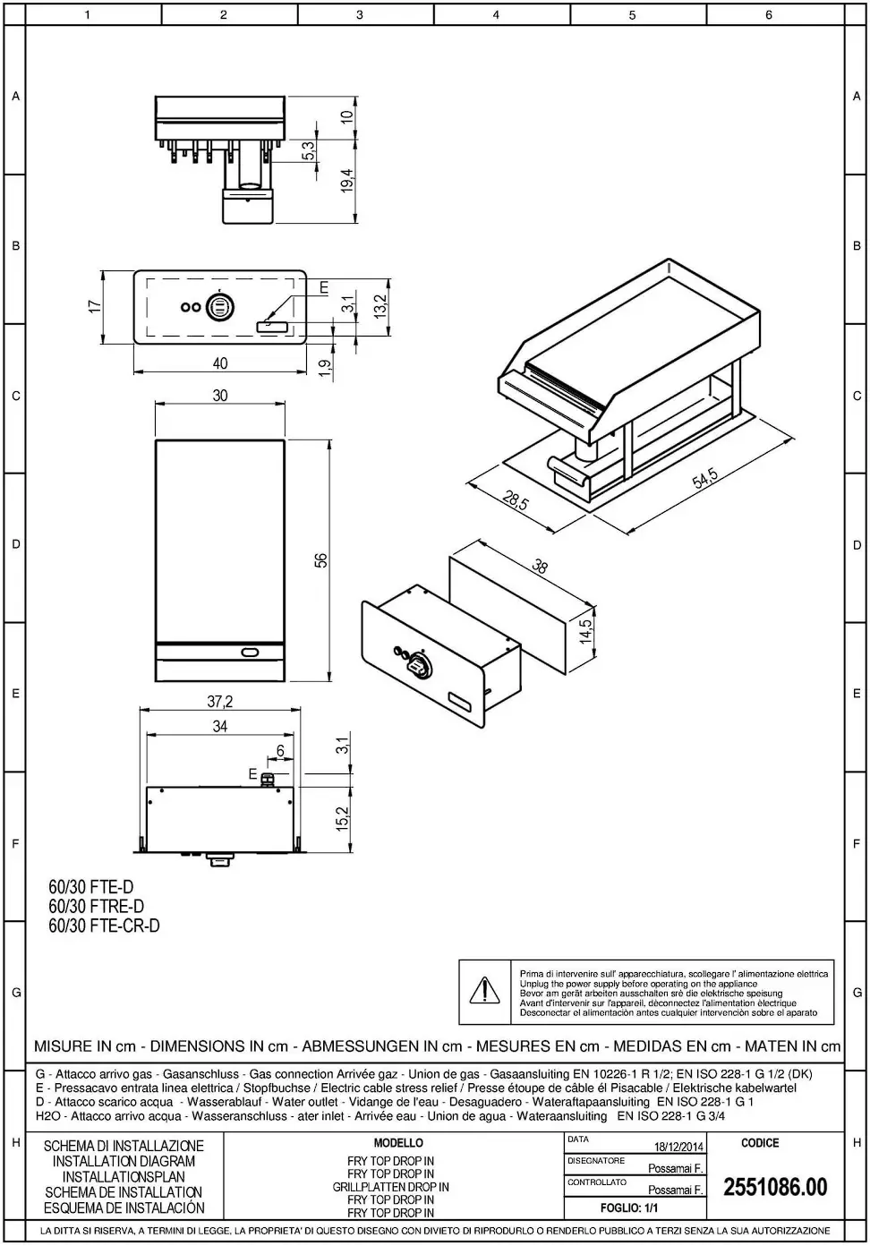 Cooking Range Line FRY TOP Installation Diagram