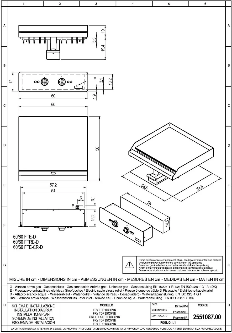 Cooking Range Line FRY TOP Installation Diagram