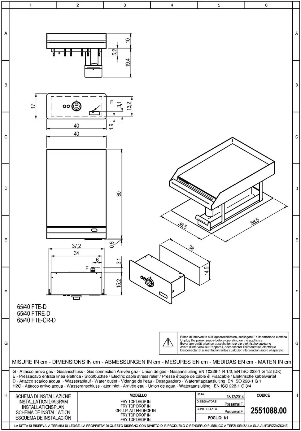 Cooking Range Line FRY TOP Installation Diagram