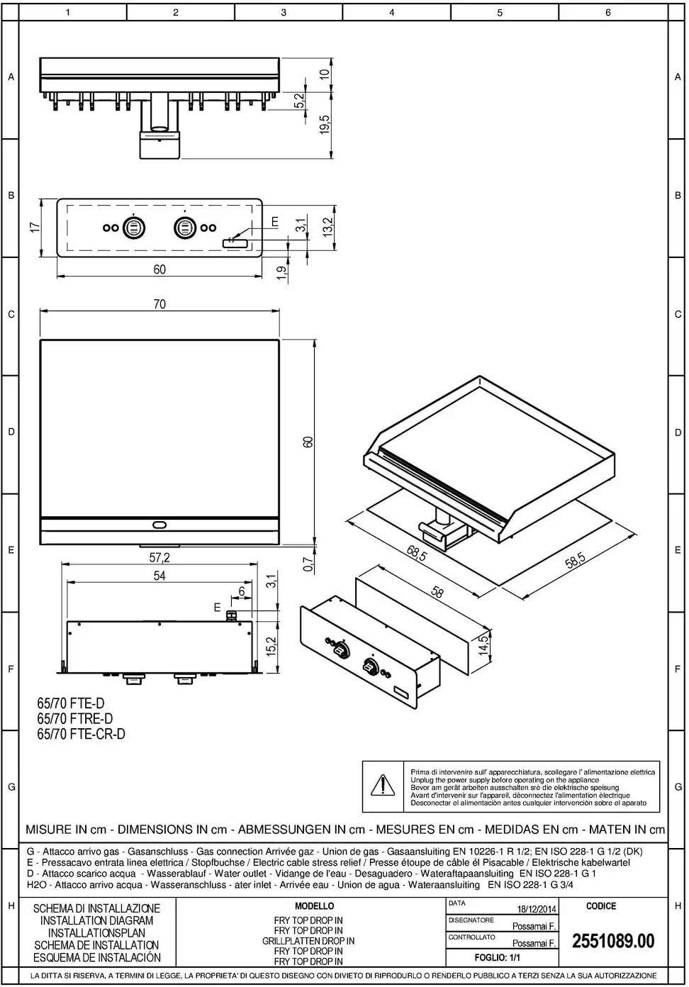 Cooking Range Line FRY TOP Installation Diagram
