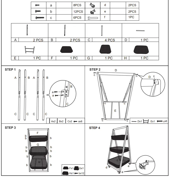 Kmart 43221936-3 Tier Trolley Wood-Wire - Hardware List