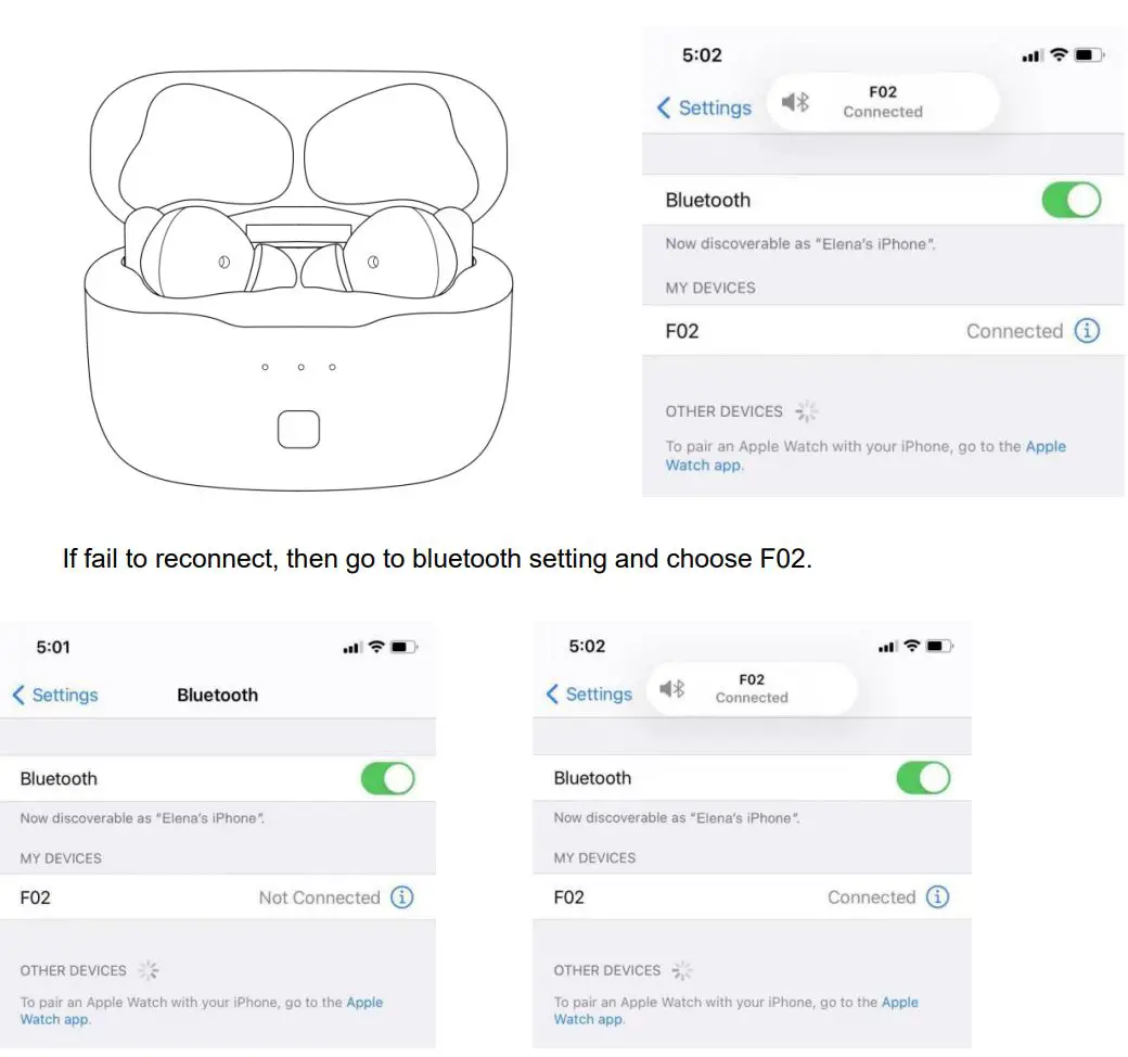 Shenzhenshi Youguangxin Keji Kaifa Youxian Gongsi F02 True Wireless Earbuds Instructions - Reconnect a device