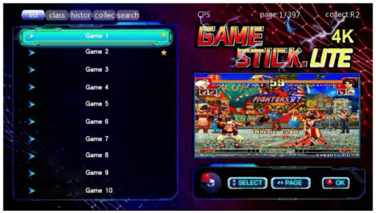 Geek PS3000 4K Game Stick Lite Arcade Console - Main menu function