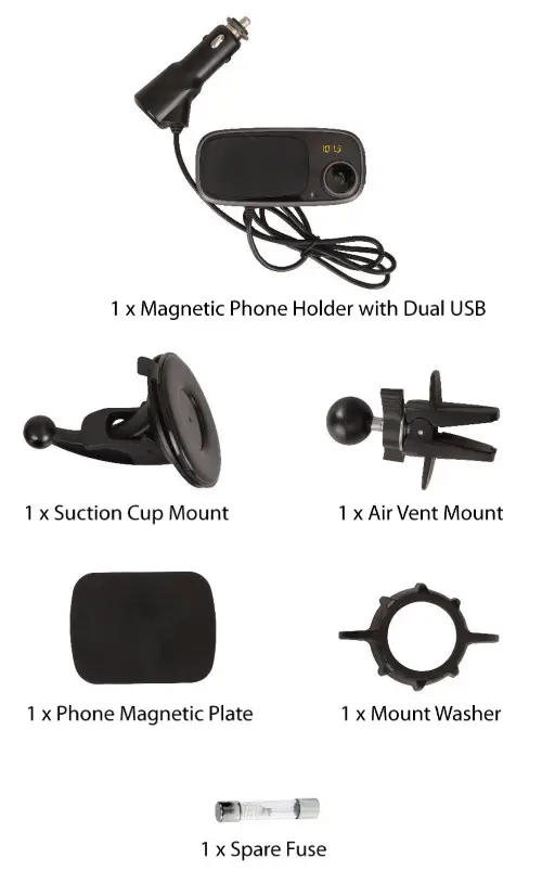 Magnetic Phone Holder with Bluetooth FM Transmitter-Box Contents