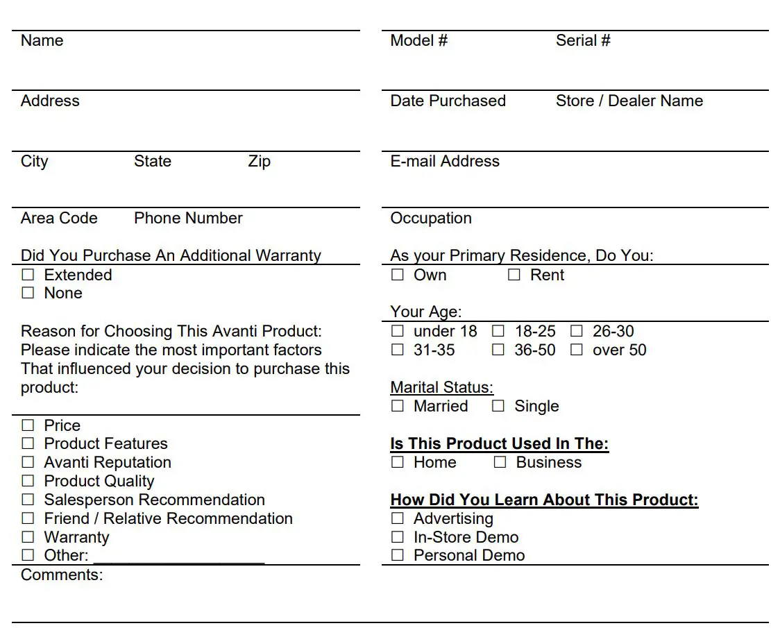 Avanti POA8K3S Digital Oven Broiler Air Fryer Instruction Manual - Avanti Registration Card