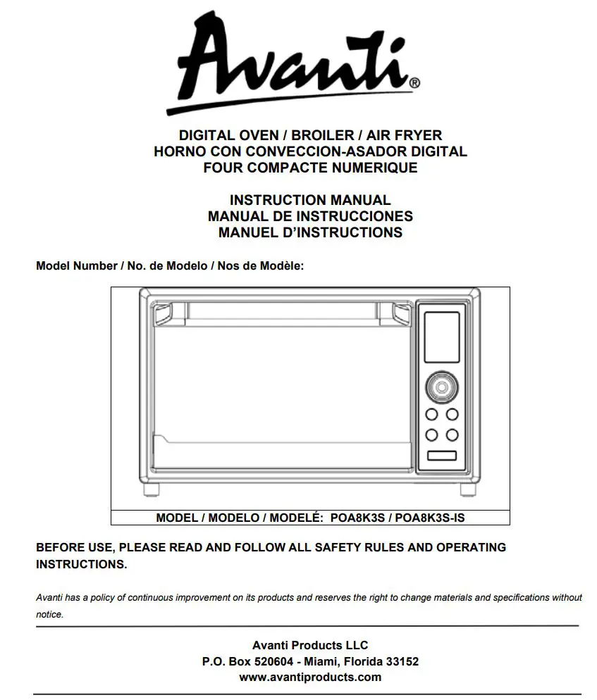 Avanti POA8K3S Digital Oven Broiler Air Fryer Instruction Manual