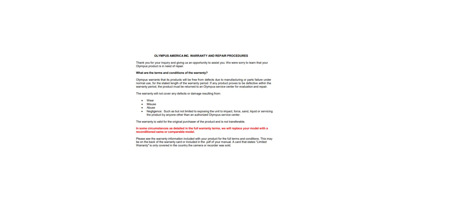 Olympus America Inc Warranty And Repair Procedures Information Olympus America Inc Warranty And Repair Procedures Information