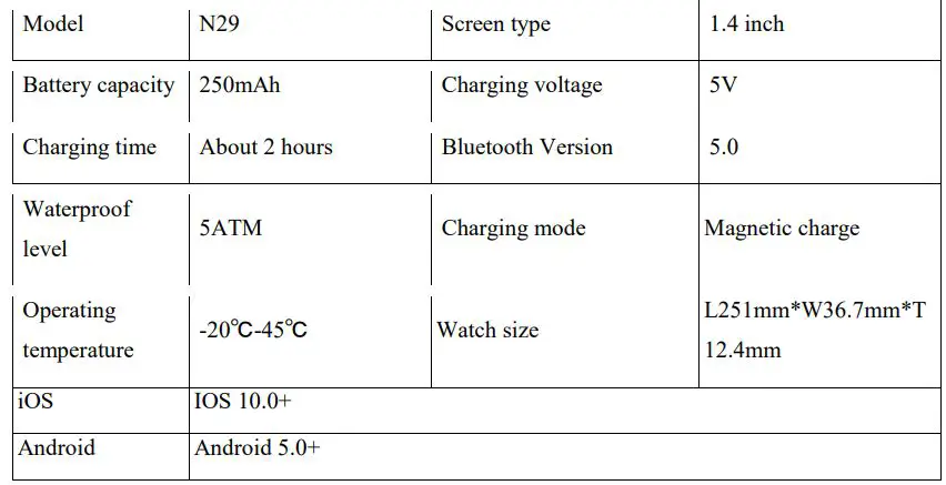 willful N29 Smartwatch for iPhone and Android Blood Oxygen Monitor Fitness Instruction Manual - Specifications