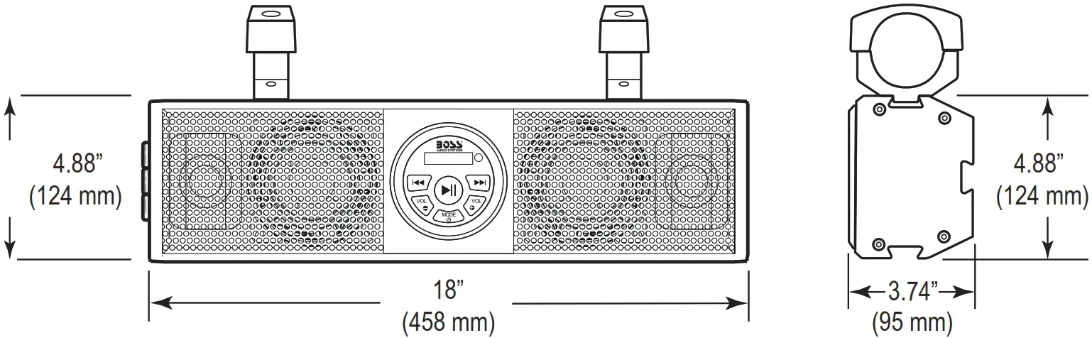 BOSS AUDIO BRT18RGB Bluetooth 18 Inch Amplified Sound Bar - Dimension drawing