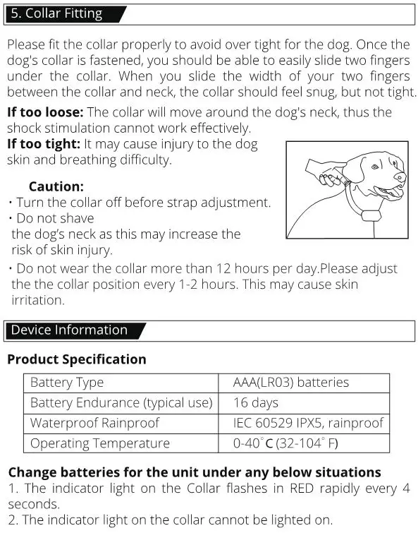 PATPET A01 Bark Control Collar - Collar Fitting & Device Information