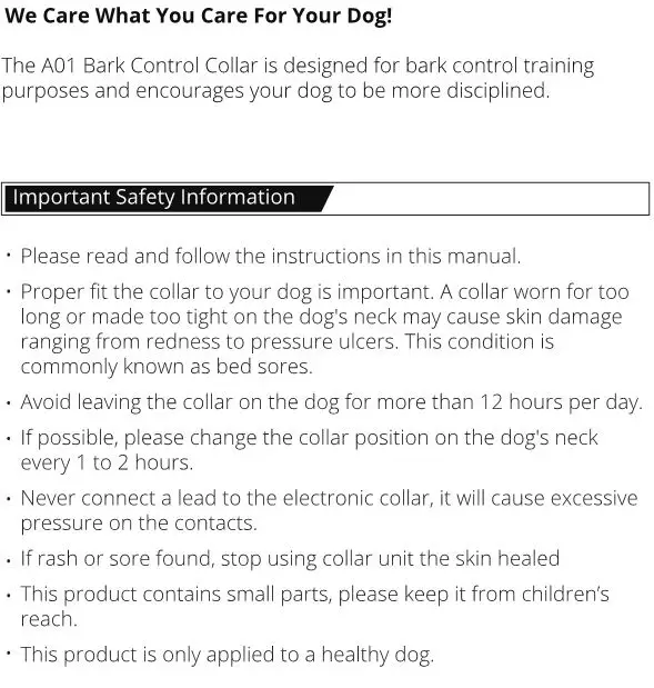 PATPET A01 Bark Control Collar - Important Safety Information