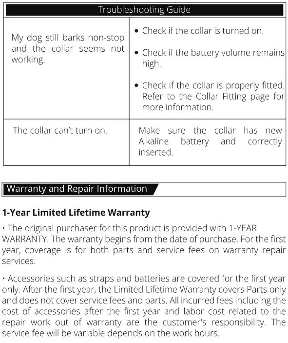 PATPET A01 Bark Control Collar - Troubleshooting Guide & Warranty and Repair Information