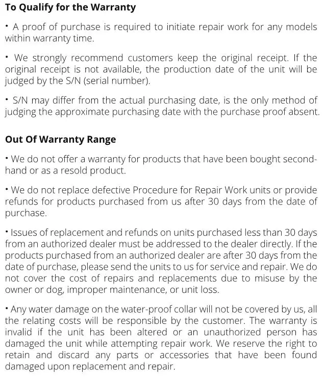 PATPET A01 Bark Control Collar - Warranty and Repair Information 2