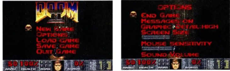 NEW GAME
If you want to jump into the action, select this. DOOM II will ask youu
to set the difficulty level. Each difficulty level differs in the toughness
of the enemies you'll face. Beware the Nightmare level of difficulty. It
is definitely not suitable for inexperienced game players.
LOADING AND SAVING YOUR GAME (F2 AND F3)
Games can be saved or loaded at any time during the gameplay. ToO
save a game, move the skull cursor to any empty slot (or one you