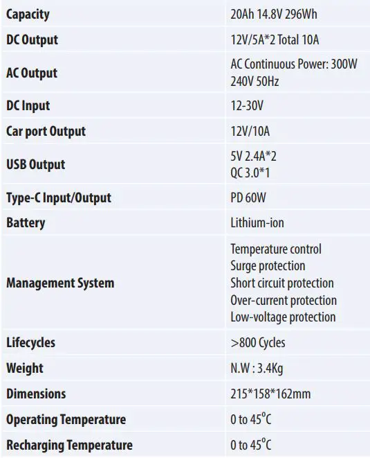 MATSON MAPP300 Lithium Portable Power Station User Manual - SPECIFICATION