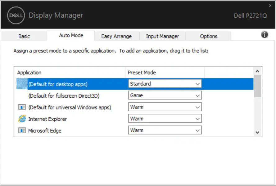 Dell 27 Monitor P2721Q - Assigning Preset Modes to Applications