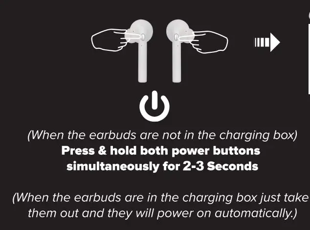 Dongguan Xing Yue Electronic RLT40039W-WV True Wireless Earbuds User Guide - Powering On Bluetooth Pairing