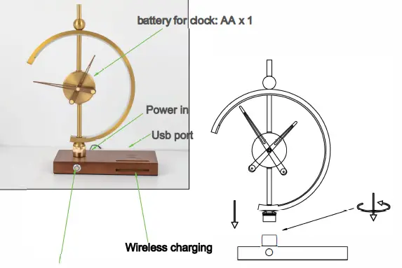 Qianfu Intelligent Technology QF-8004 Golden Time Clock Lamp with Qi Wireless Charger USB Port and Classical Clock 2