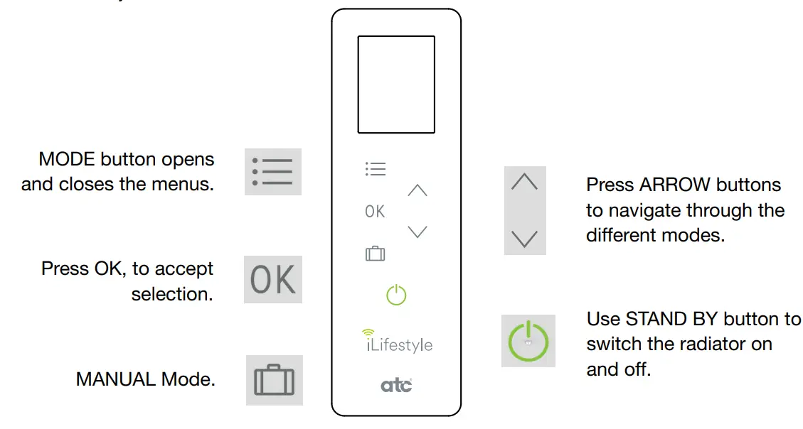 atc smart A73023630 iLifestyle Electric Thermal Radiator - CONTROL PANEL