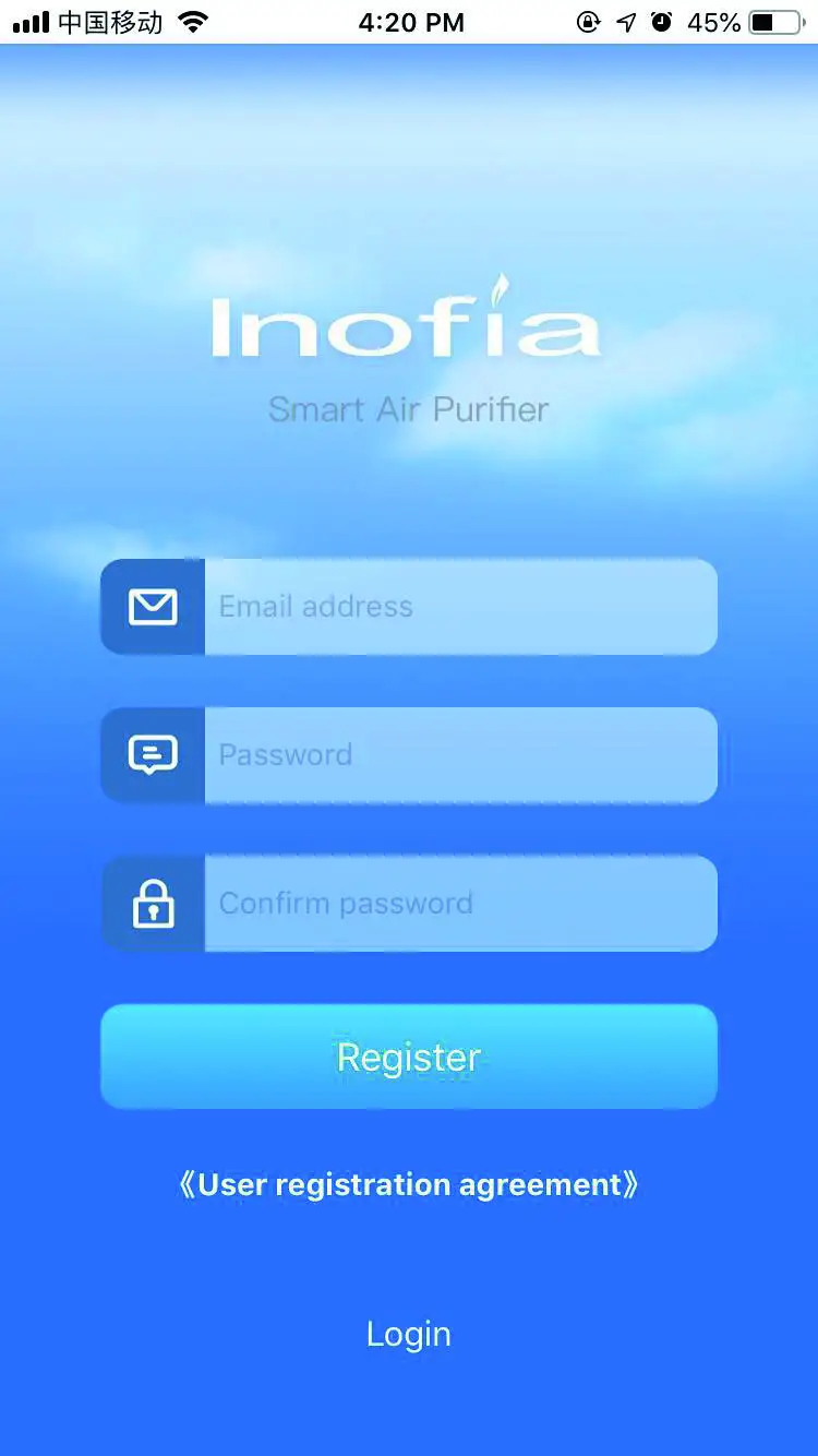 Inofia APP Network ConnectionSelect email registration