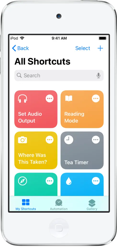 The My Shortcuts tab. At the top is a search field. Below that are shortcuts to complete common everyday tasks such as locating a nearby gas station and logging your travel. At the bottom are the Automation and Gallery tabs.