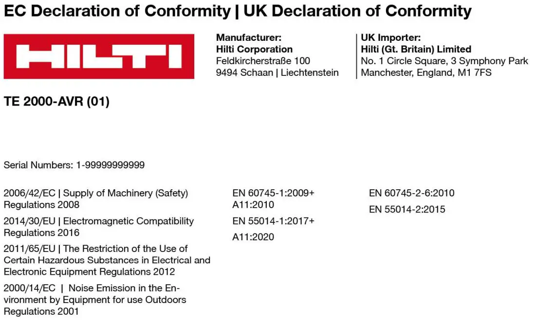 HILTI TE 2000-AVR Cordless Demolition Hammers User Manual - EC Declaration of Conformity