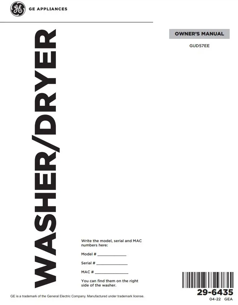 GE APPLIANCES GUD57EEMTDG 27 Inch Electric Unitized Spacemaker 4.5 Cu. Ft. Washer Owner's Manual