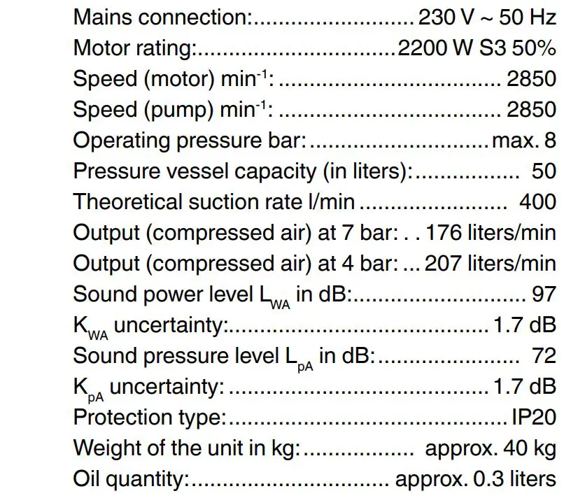 Einhell TC-AC 400 Air Compressor for kit Instructions - Technical data