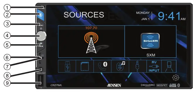 JENSEN CR271ML 7” Capacitive Touch Screen Multimedia Mechless - Main Control Locations
