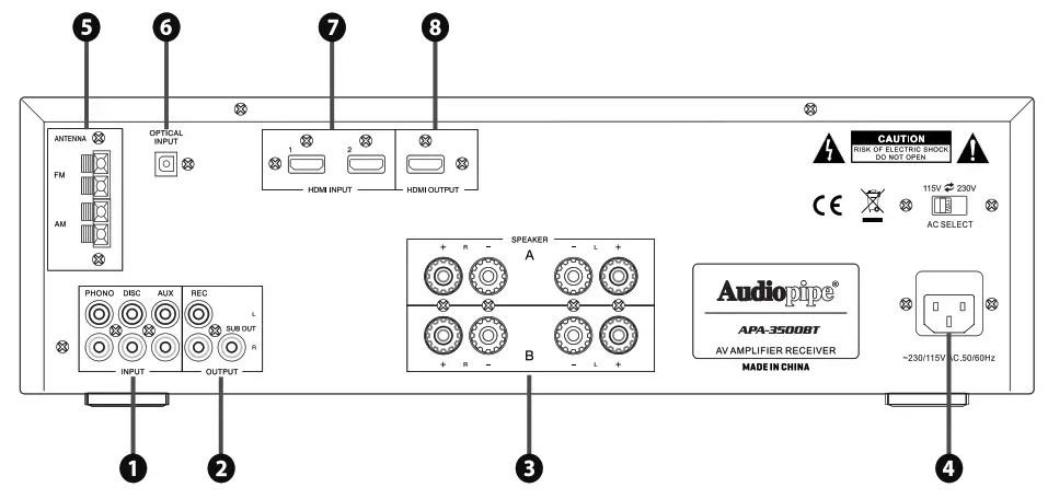 Audiopipe APA 3500BT 3500W Audio Video Amplifier Receiver - rear panal