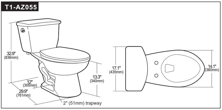 ANZZI T1 AZ Series Two Piece Toilet - SIZE CHART