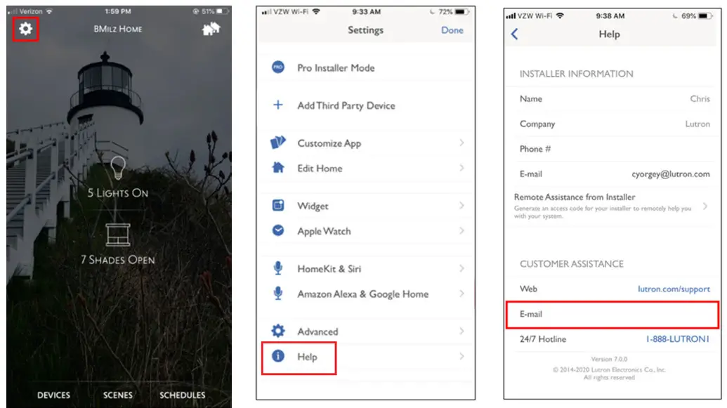 782 HomeWorks with Lutron App - screen select the E-mail