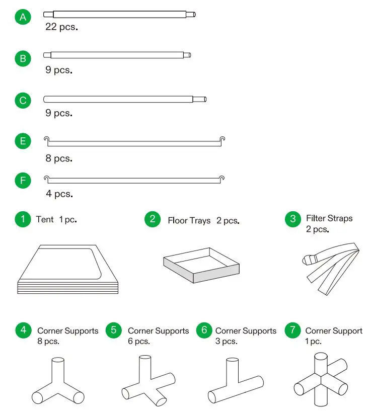 VIVOSUN 96x96x80 Inch Grow Tent Instruction Manual - Product Contents