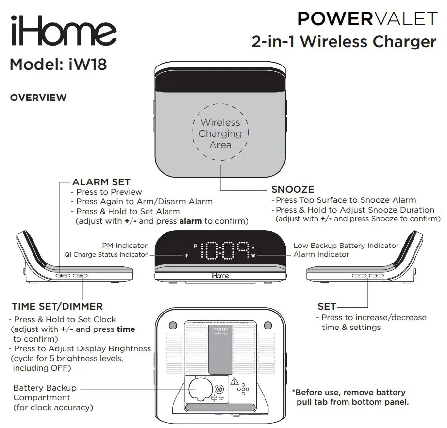 iHome iW18 Power Valet 2-in-1 Wireless Charger Instructions