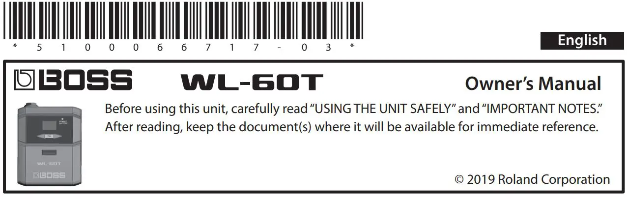 BOSS WL-60T Wireless Transmitter Owner's Manual