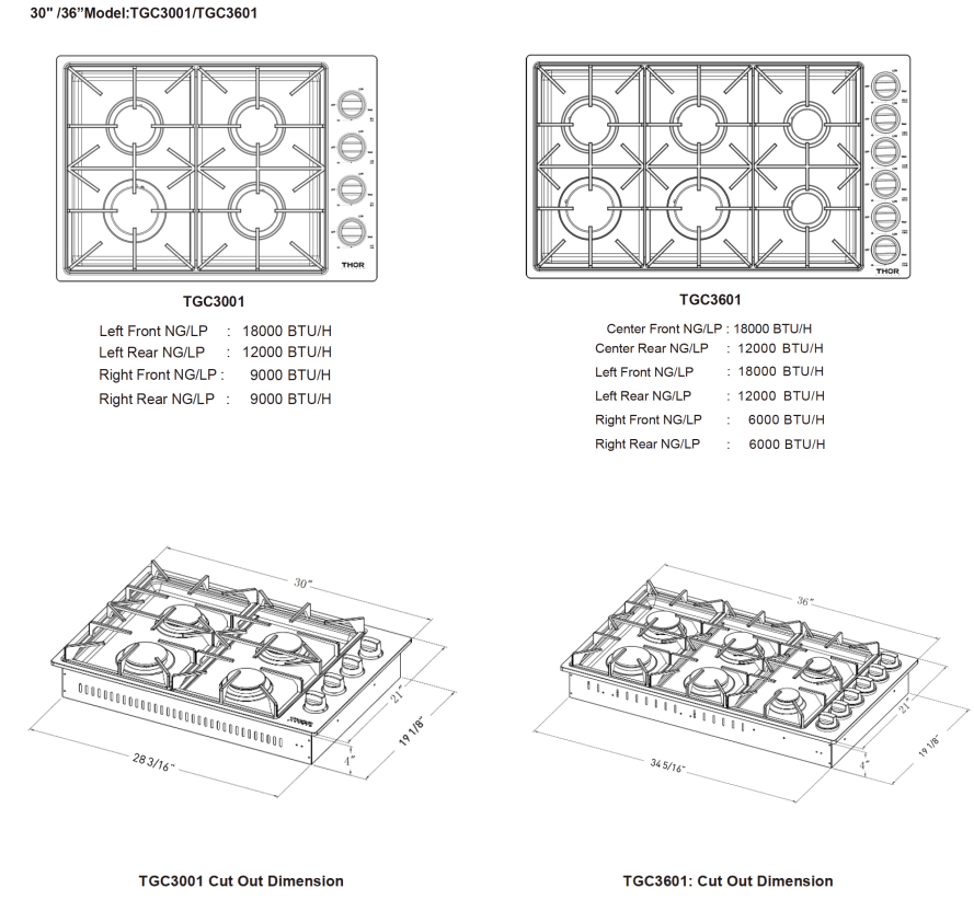 THOR KITCHEN TGC3601 Professional Drop in Gas Cooktop - fig