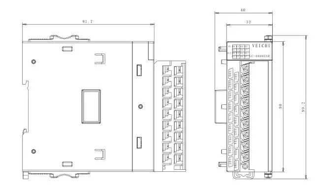 The I/O expansion modules are available in five models: VC-0808ENR, VC-0808ENT, VC-1600ENN, VC0016ENR and VC-0016ENT, whose external dimensions and mounting hole dimensions are shown in Figure 6-1.