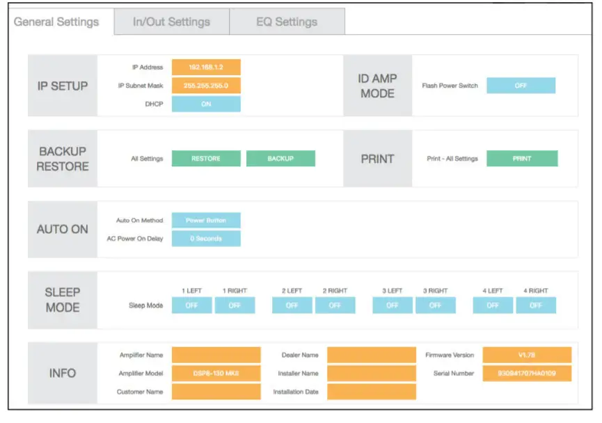 SONANCE DSP 2-750 MKII- SETTINGS TAB