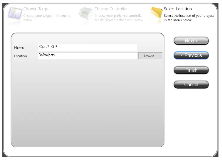 Type path and project name:
